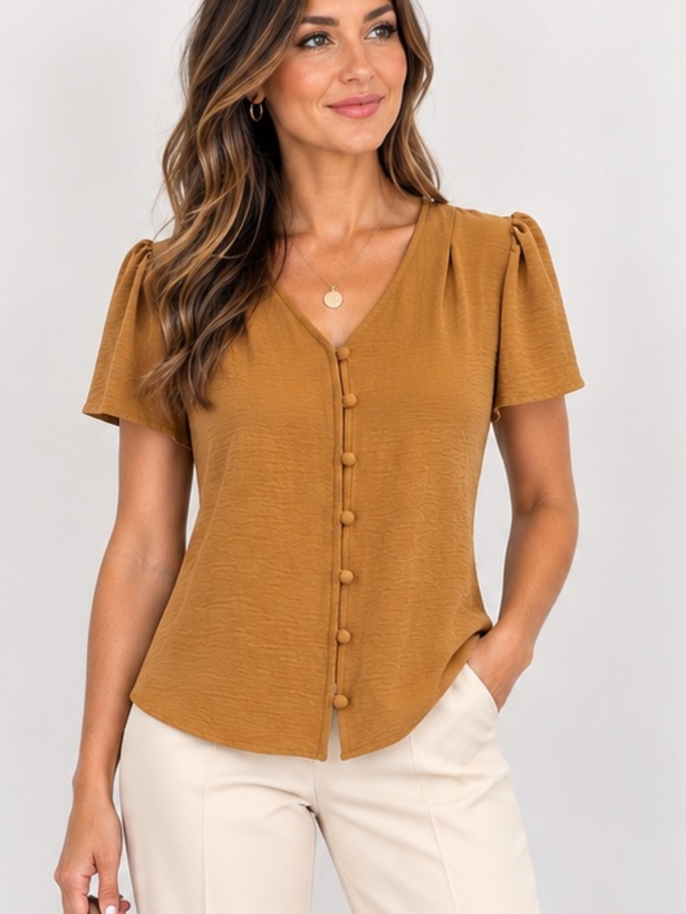 Calvin Klein Camel V-Neck Button Front Top Size Small